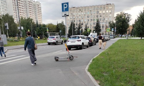 Очередной брошеный посреди тротуара прокатный электросамокат.